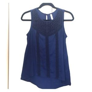 Navy tank with crochet detail